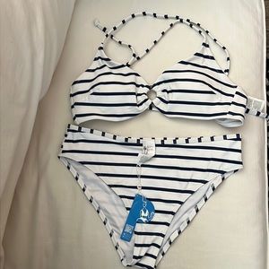 Cupshe Leanna Striped O-ring Bikini / Size Large / Navy & White Stripes